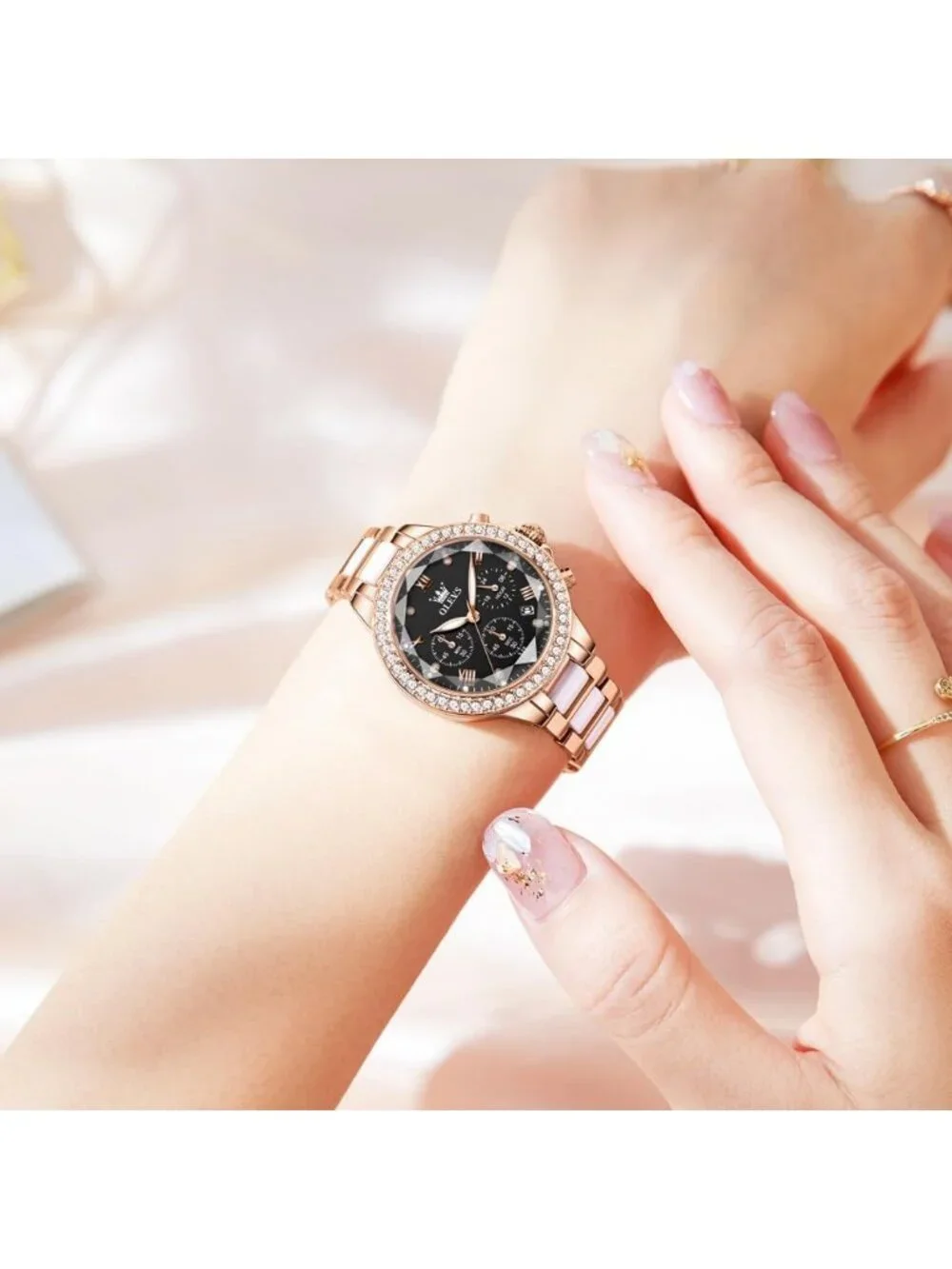 Women's Rose Gold Black Quartz Stainless Steel Waterproof Ladies Wrist Watch